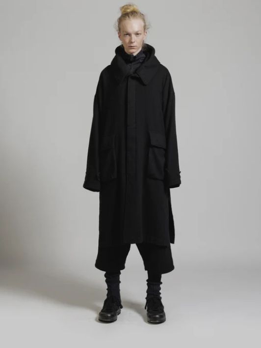 ウール縮絨 製品染めコート - OBJECT DYE WOOL HOODED COAT - BLACK
