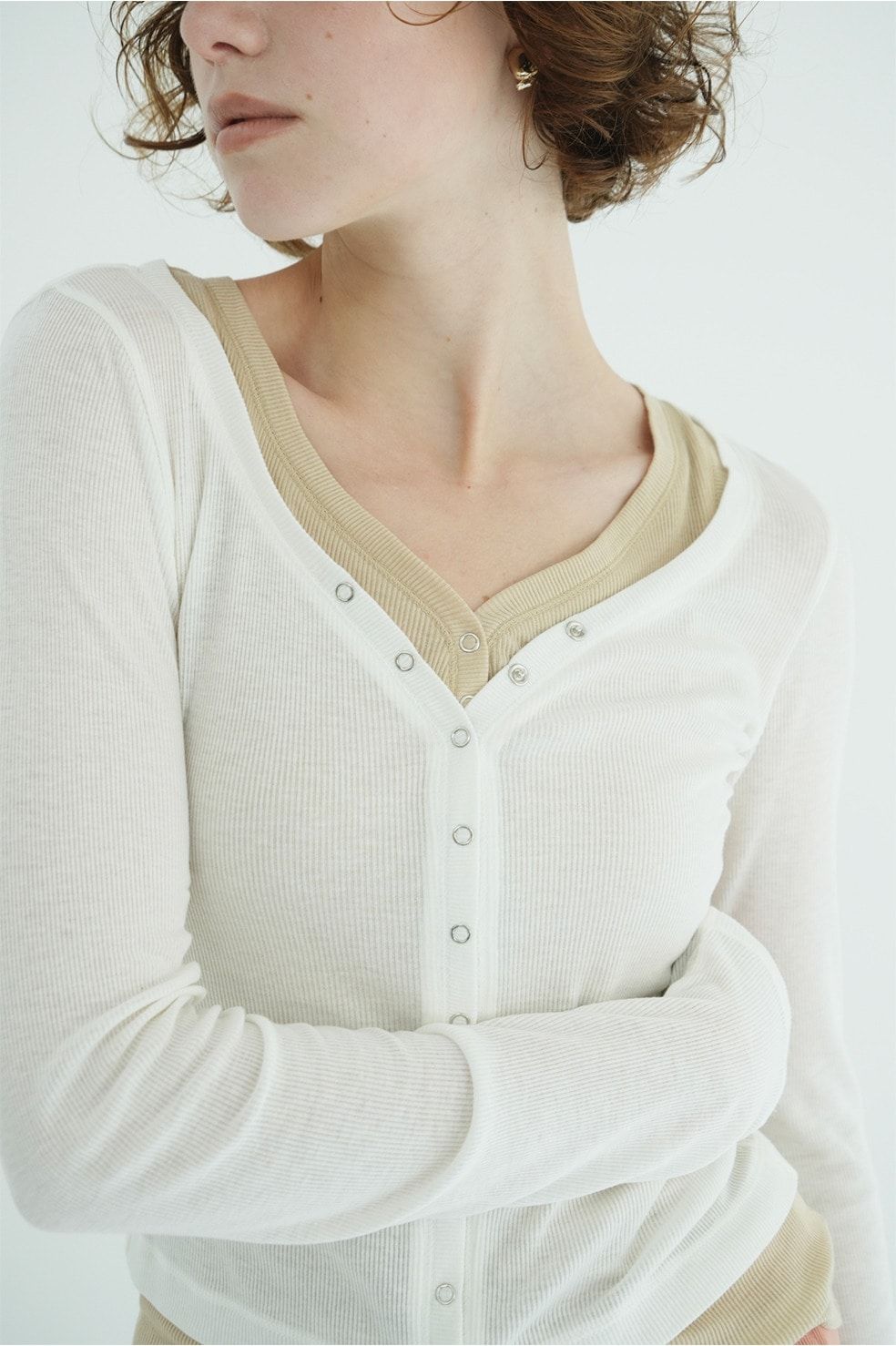 タンクトップ+カーディガン - CURVED NECK LAYERED SET TOPS （WHITE）