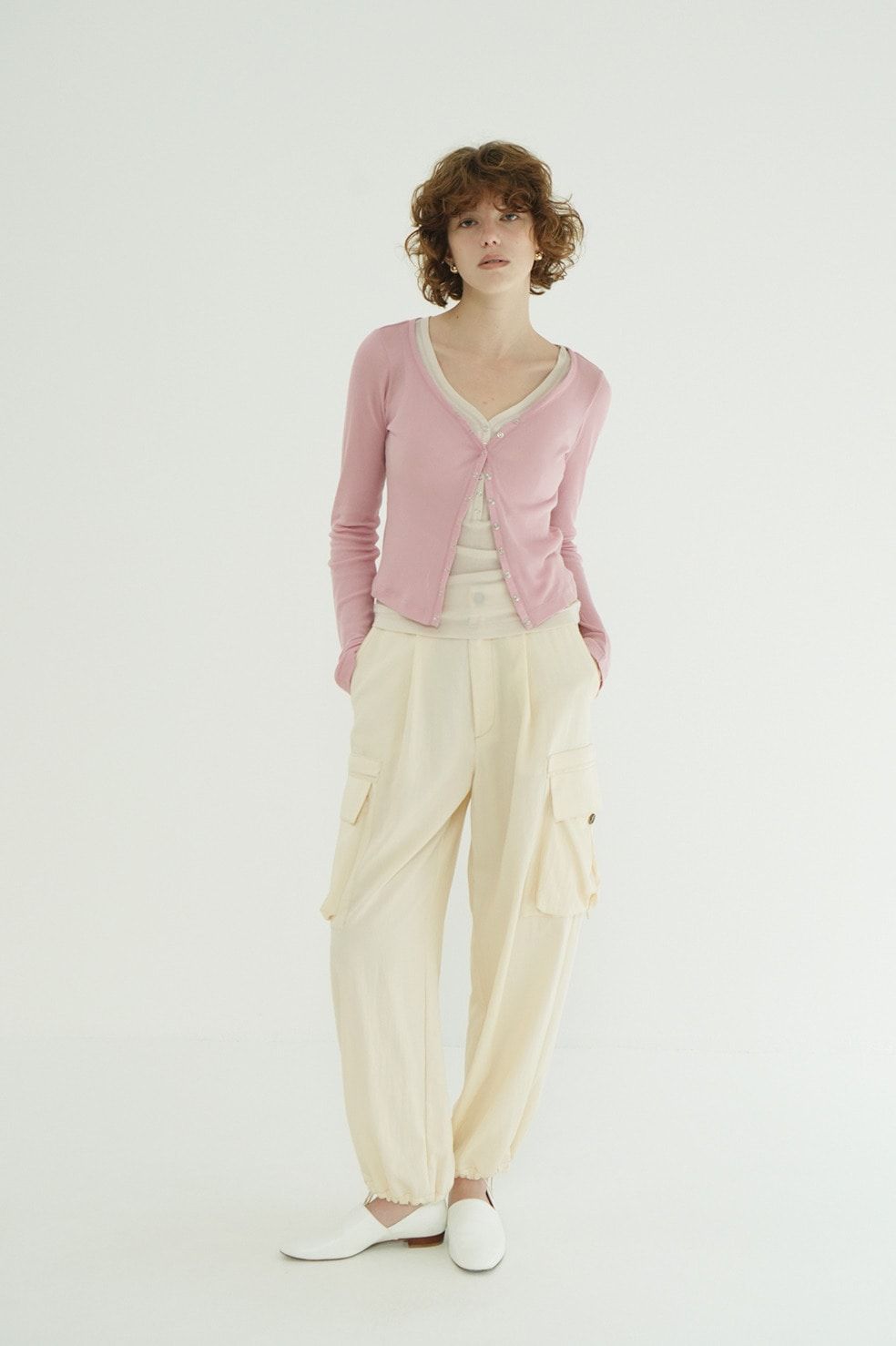 タンクトップ+カーディガン - CURVED NECK LAYERED SET TOPS （PINK）