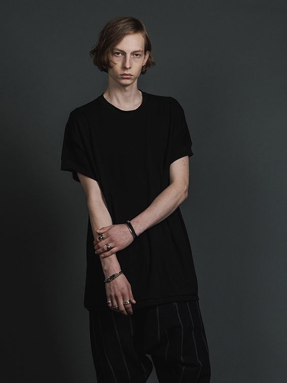 綿シルク 天竺 ショート スリーブ レイヤード ティーシャツ - double layerd short-sleeve t - BLACK