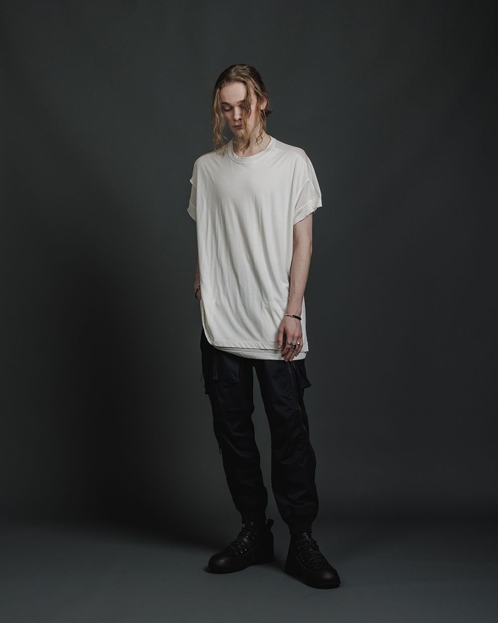 綿シルク 天竺 ショート スリーブ レイヤード ティーシャツ - double layerd short-sleeve t - OFF WHITE
