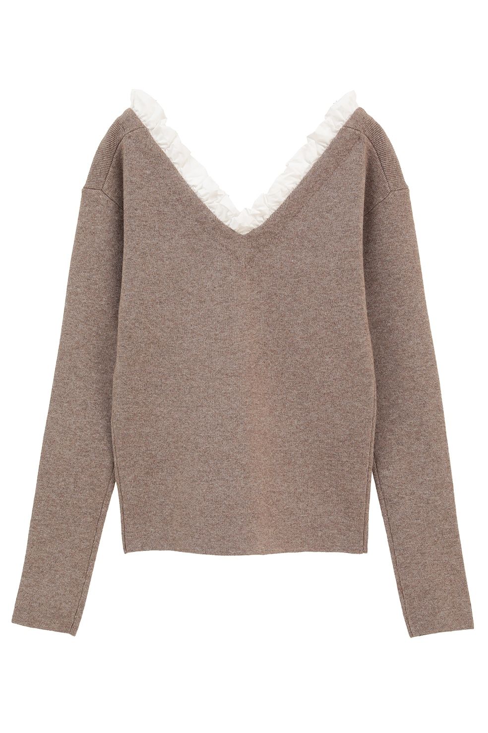 ツーウェイ フリルニットトップス - 2WAY FRILL V NECK KNIT TOPS (BEIGE)