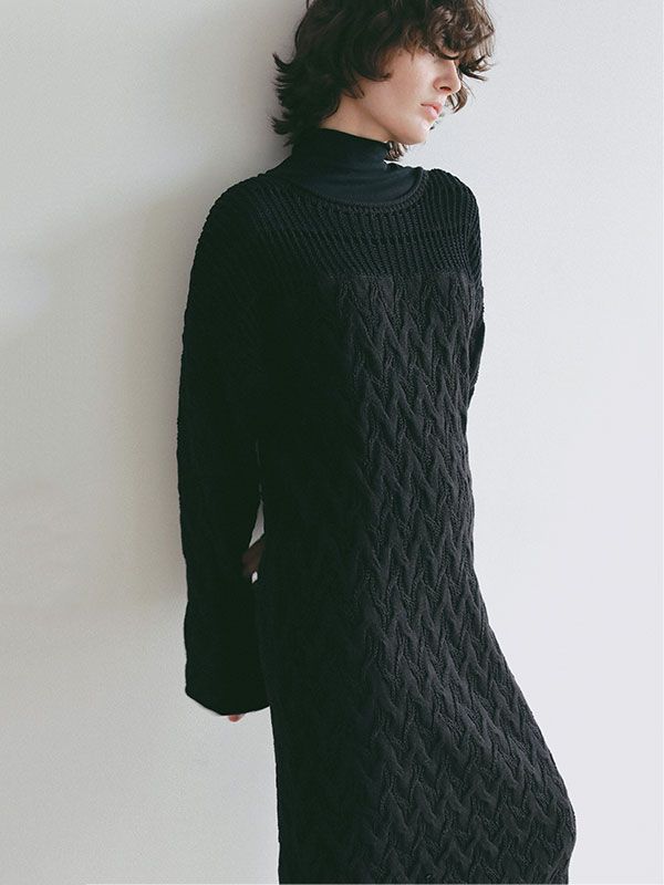 コードヤーンケーブルニットワンピース (BLACK)