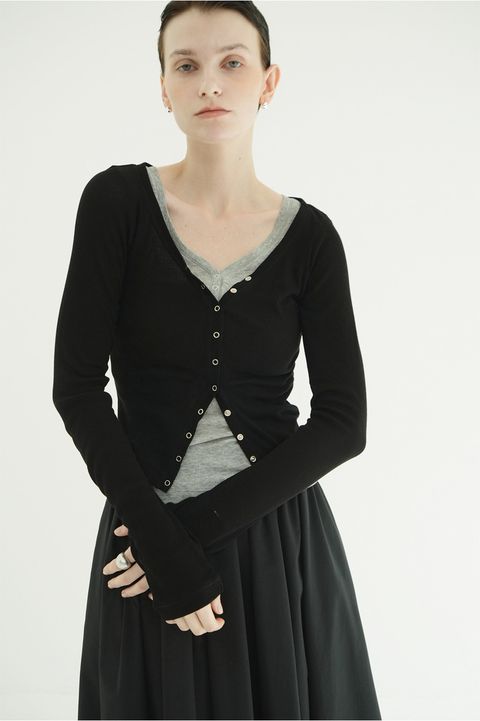 タンクトップ+カーディガン - CURVED NECK LAYERED SET TOPS （BLACK）