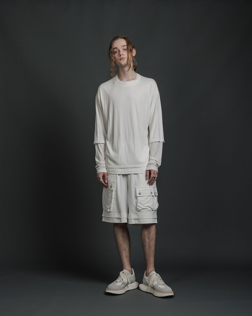 綿シルク 天竺 レイヤード カットソー  - double layerd long-sleeve t - OFF WHITE