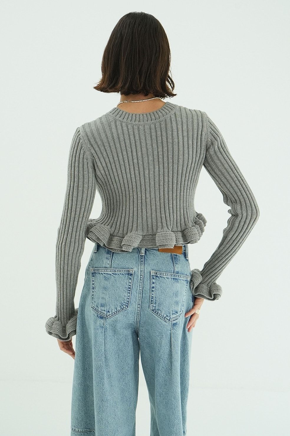ダブルフェイス フリルド ニットトップス - W FACE SHORT FRILLED KNIT TOPS (GREY)