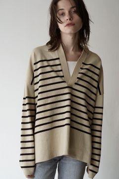 WIDE HENRY NECK BORDER TOPS - BEIGE