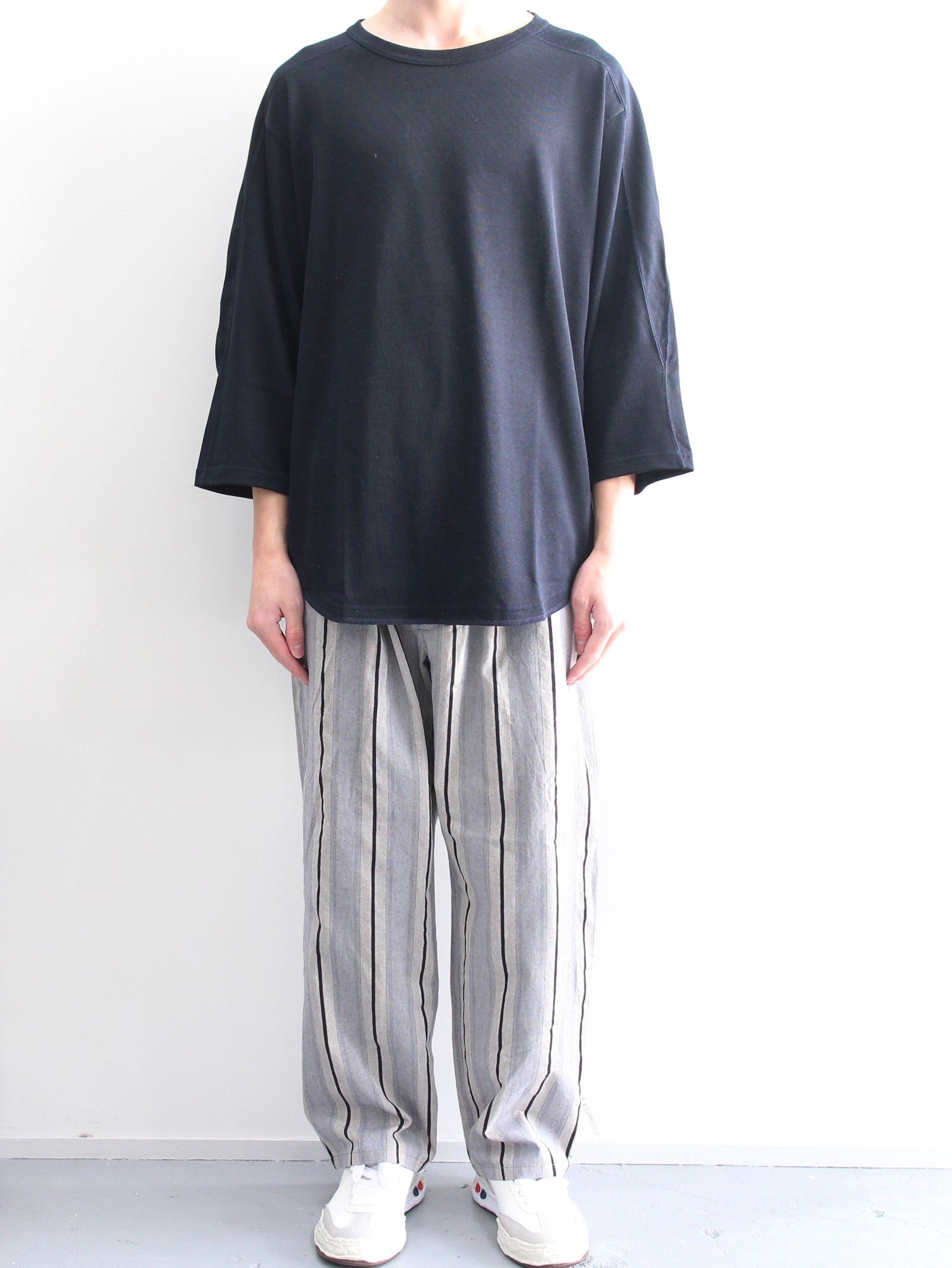 七分袖フットボールTシャツ - "QUARTER SLEEVE FOOTBALL TEE - Rayon plating jersey -" NAVY