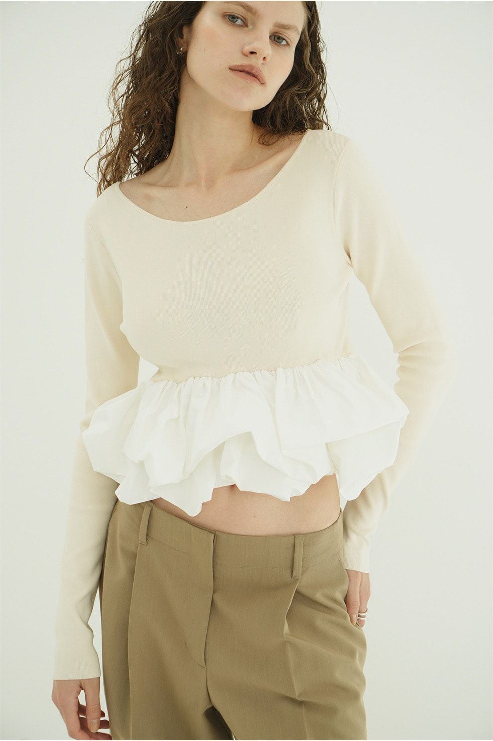 バルーン ショートニット トップス -  W BALLOON SHORT KNIT TOPS(IVORY)