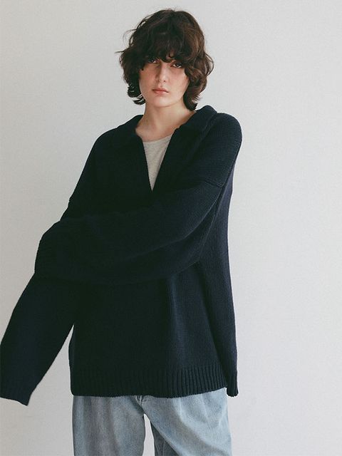 オーバーサイズスキッパーニットプルオーバー (NAVY)