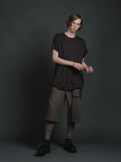綿シルク 天竺 ショート スリーブ レイヤード ティーシャツ - double layerd short-sleeve t - DARK BROWN