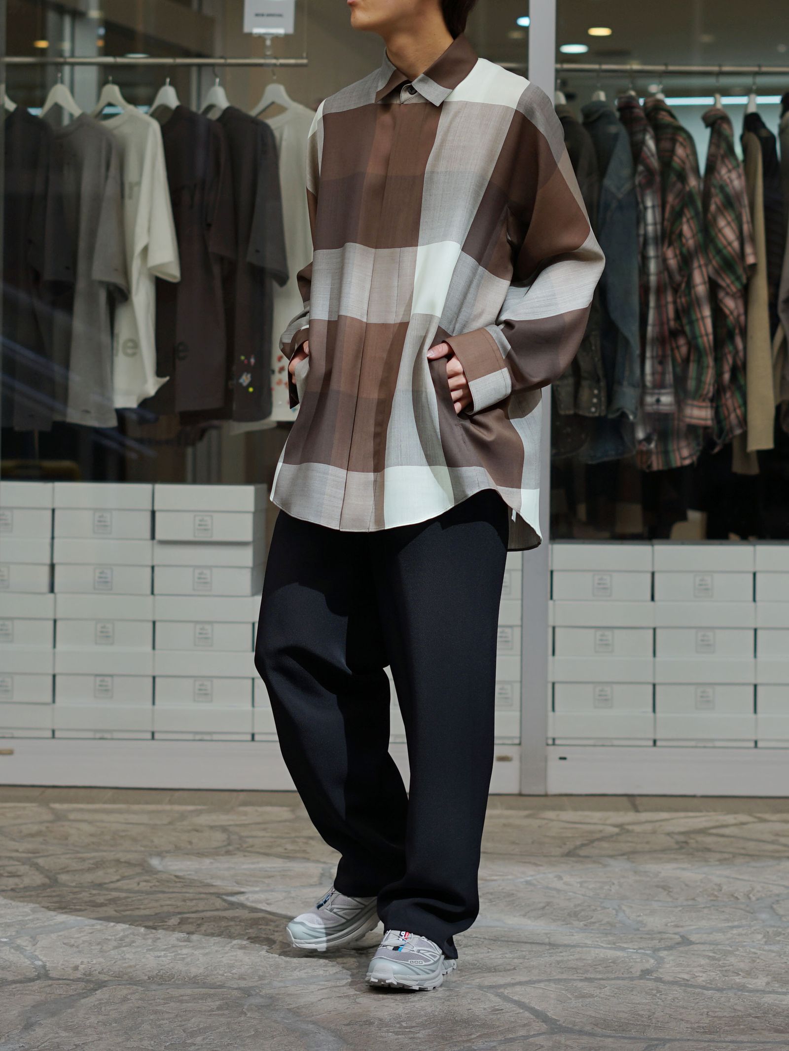 ウールシャツ - Dolman Sleeve Light Wool Shirt (GREEN×TAN)