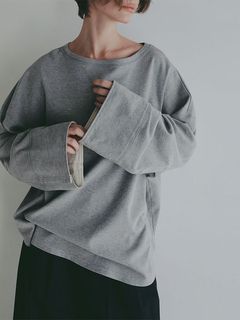 ボートネックカフスロンTee  (GREY）