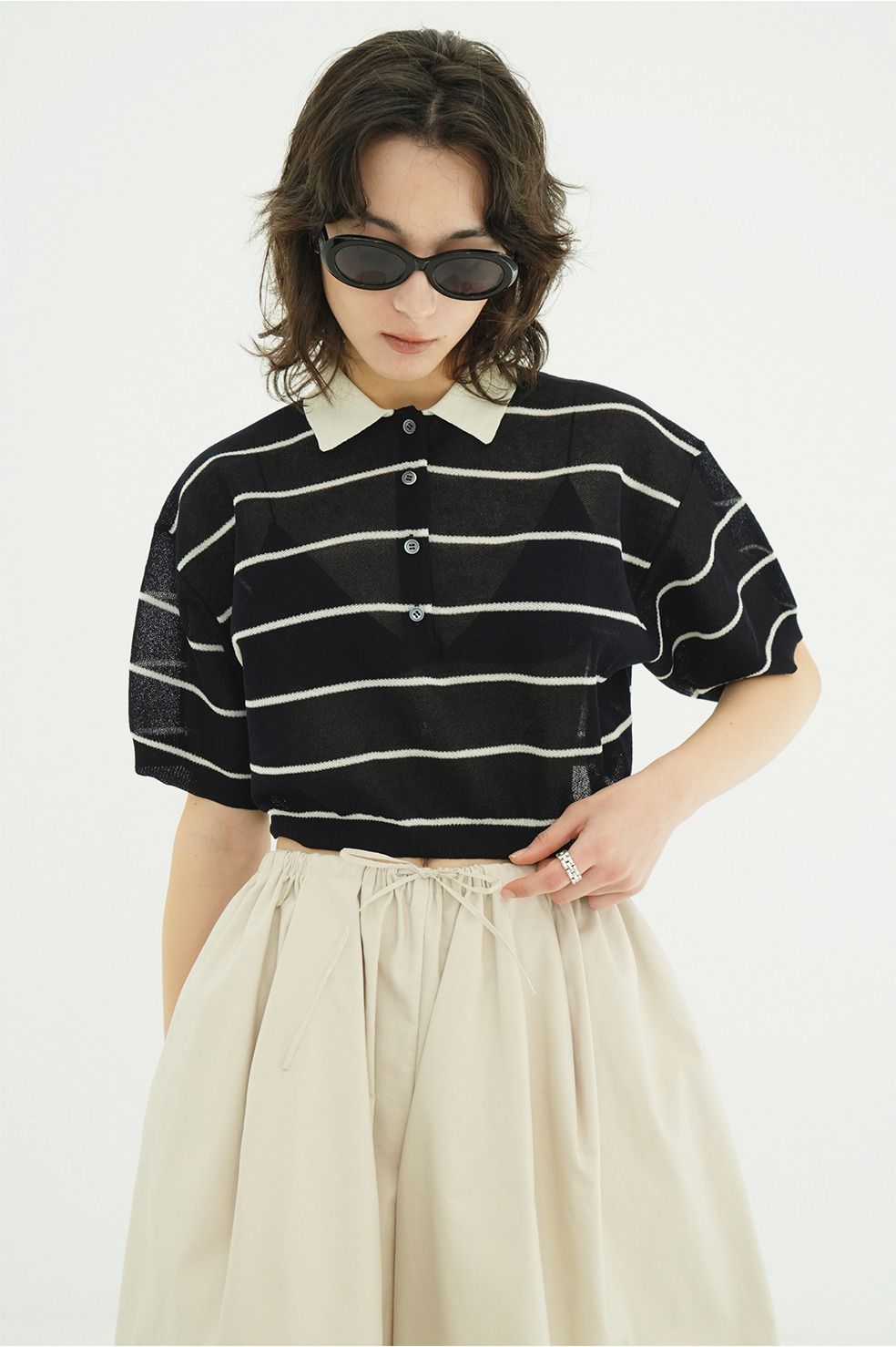 ボーダーポロトップス - SPONGY SHEER POLO KNIT TOPS (NAVY)