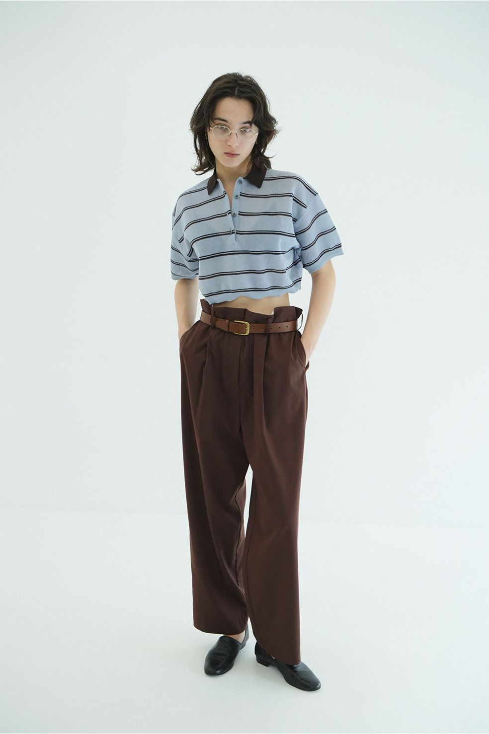 ボーダーポロトップス - SPONGY SHEER POLO KNIT TOPS (BLUE)