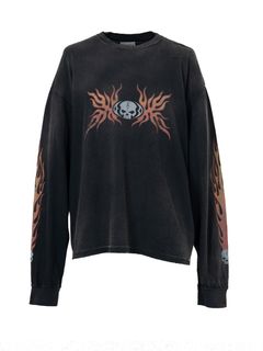 スカルフレイム ディストレスドカットソー - "Skull Flame" Distressed L/S T-shirt (BLACK)