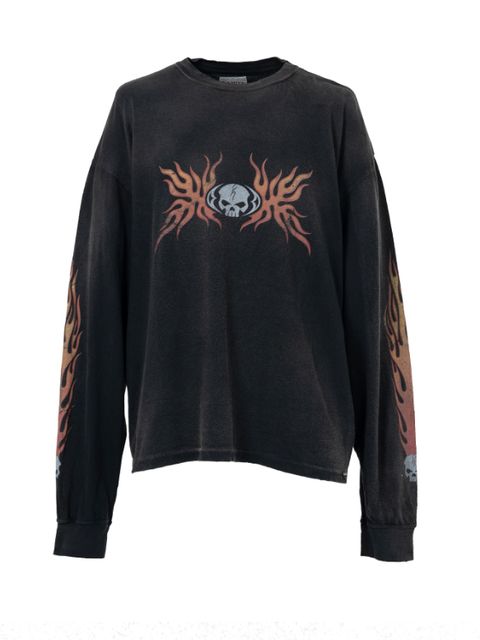 スカルフレイム ディストレスドカットソー - "Skull Flame" Distressed L/S T-shirt (BLACK)
