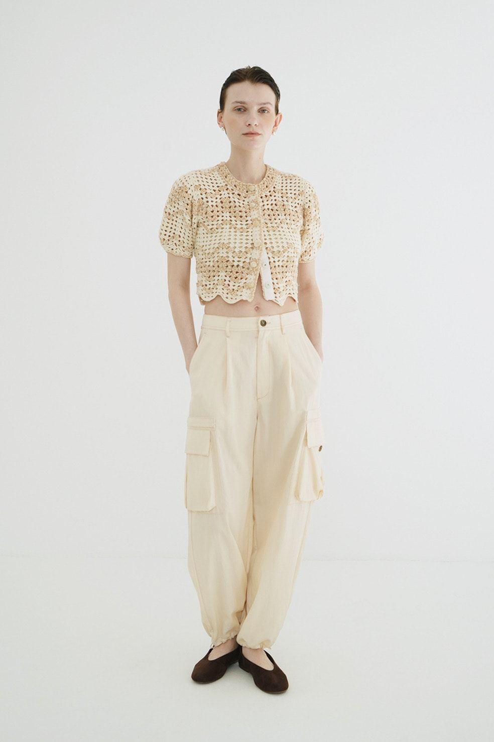 半袖ニットカーディガン - MALL BORDER HAND CROCHET KNIT CARDIGAN (BEIGE)