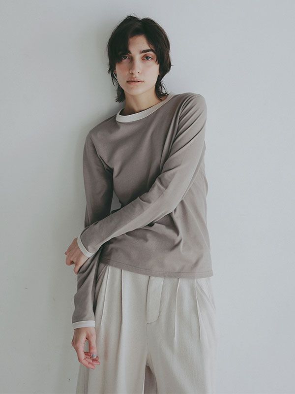 アウトステッチクルーネックロンTee  (GREIGE）