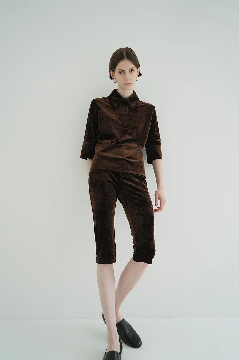 ベロア ポロトップス - CRUSHED VELOUR POLO TOPS BROWN