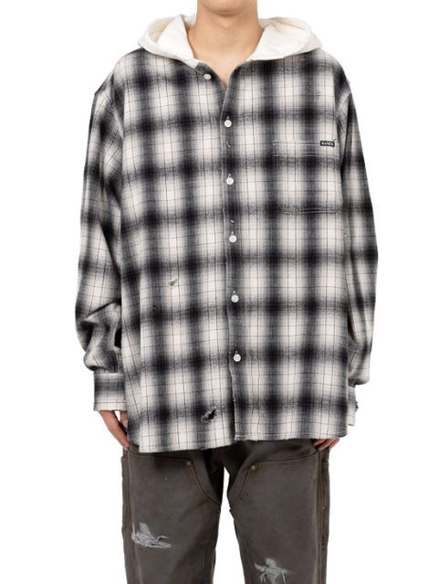 ディストレスト チェックシャツ フーディー - Distressed Check Shirts Hoodie (GREY)