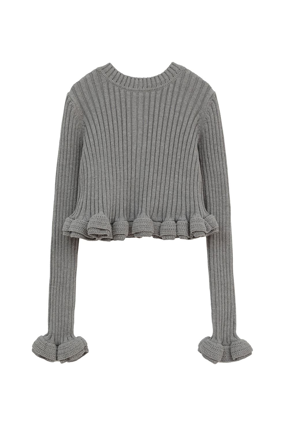 ダブルフェイス フリルド ニットトップス - W FACE SHORT FRILLED KNIT TOPS (GREY)