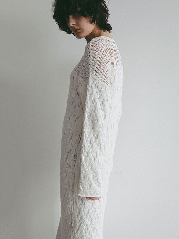 コードヤーンケーブルニットワンピース (WHITE)