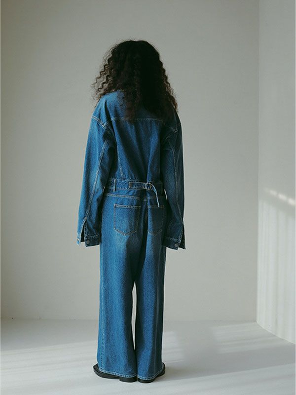 カットオフネックデニムオールインワン - BLUE
