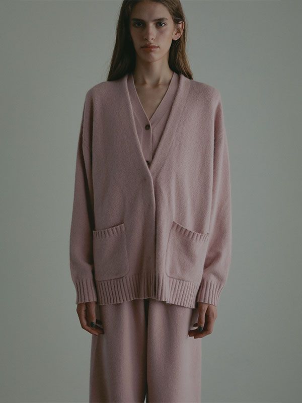 プレーンステッチVネックニットカーディガン (PINK)