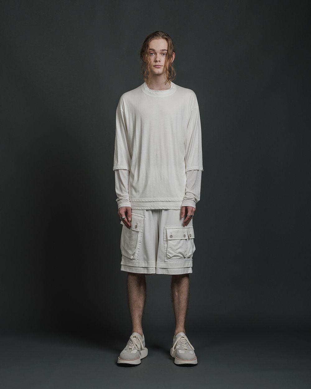 綿シルク 天竺 レイヤード カットソー  - double layerd long-sleeve t - OFF WHITE