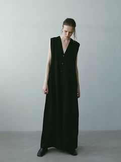 フロントボタンニットオールインワン - BLACK
