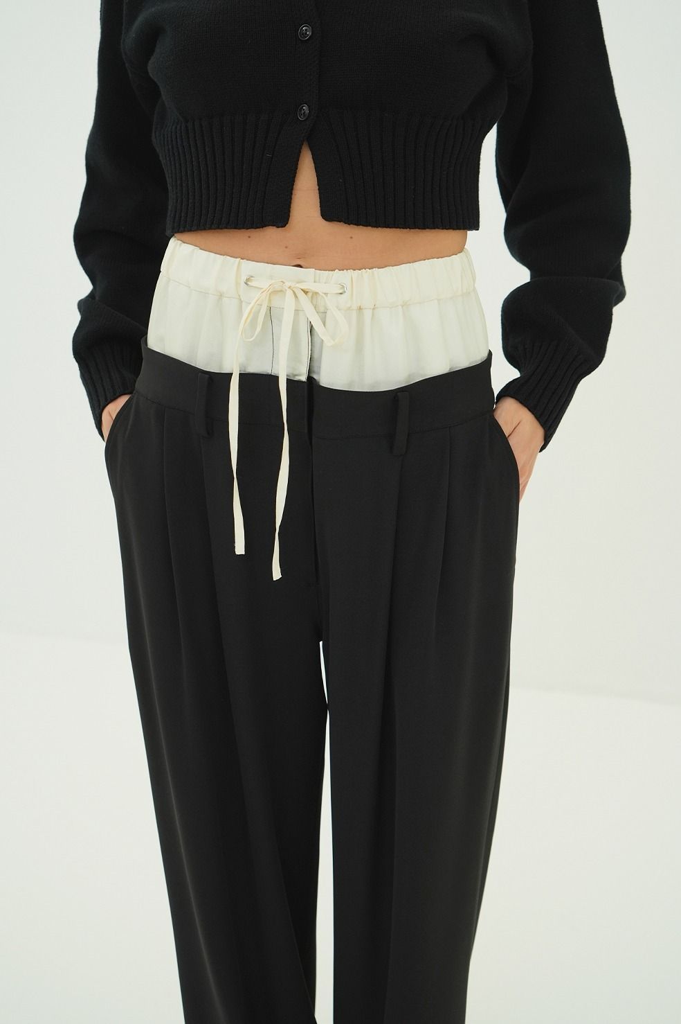 ダブルレイヤード スラックス - W WAIST WIDE SLACKS (BLACK)