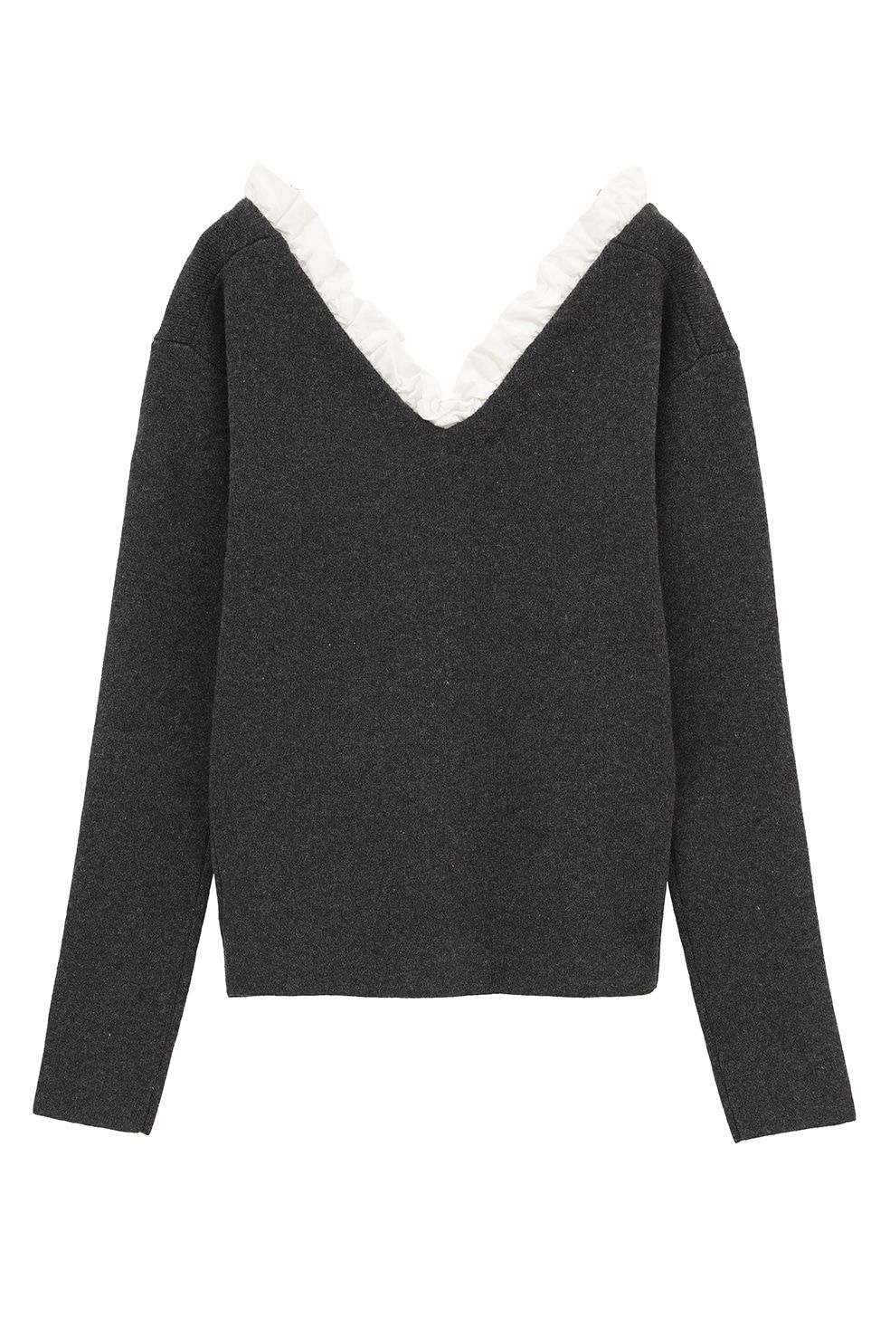 ツーウェイ フリルニットトップス - 2WAY FRILL V NECK KNIT TOPS (GREY)