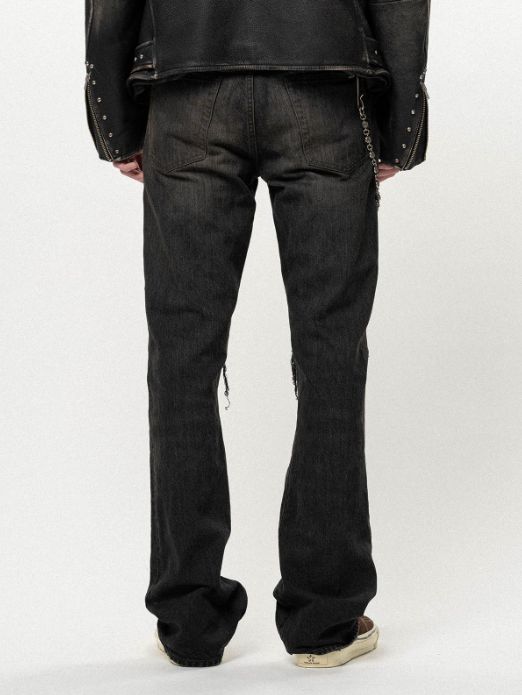 ディストレスド スリム ブーツカット デニム パンツ - Distressed Slim Bootcut Denim Pants (BLACK)