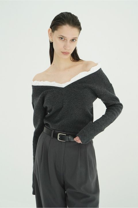 ツーウェイ フリルニットトップス - 2WAY FRILL V NECK KNIT TOPS (GREY)
