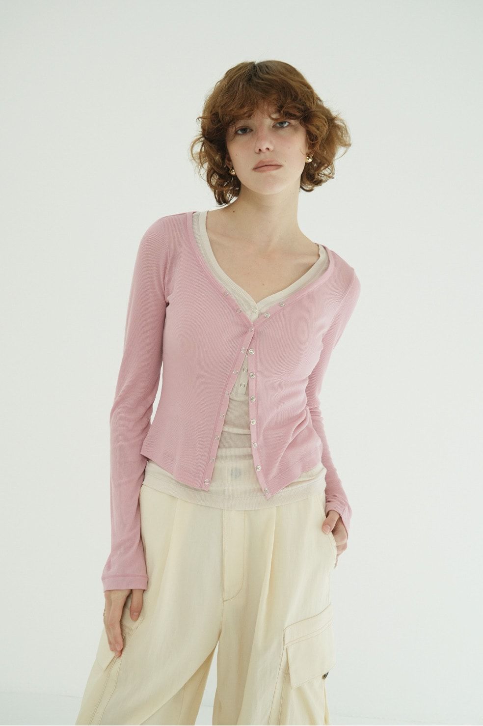タンクトップ+カーディガン - CURVED NECK LAYERED SET TOPS （PINK）