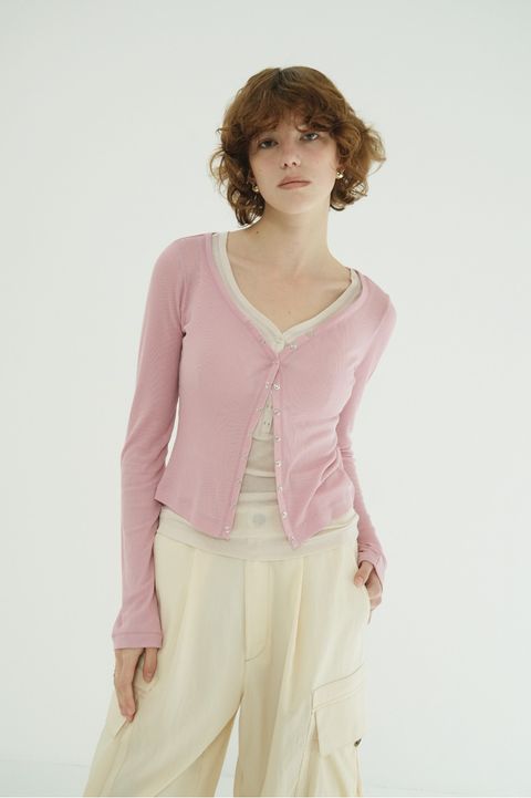 タンクトップ+カーディガン - CURVED NECK LAYERED SET TOPS （PINK）