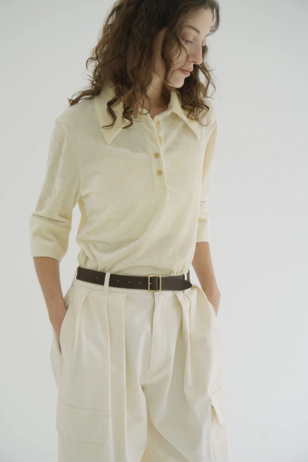 ベロア ポロトップス - CRUSHED VELOUR POLO TOPS IVORY
