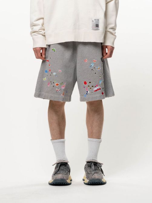 キッズ ステッカー プリント スウェット ショーツ - Kids Sticker Printed Sweat Shorts (GREY)