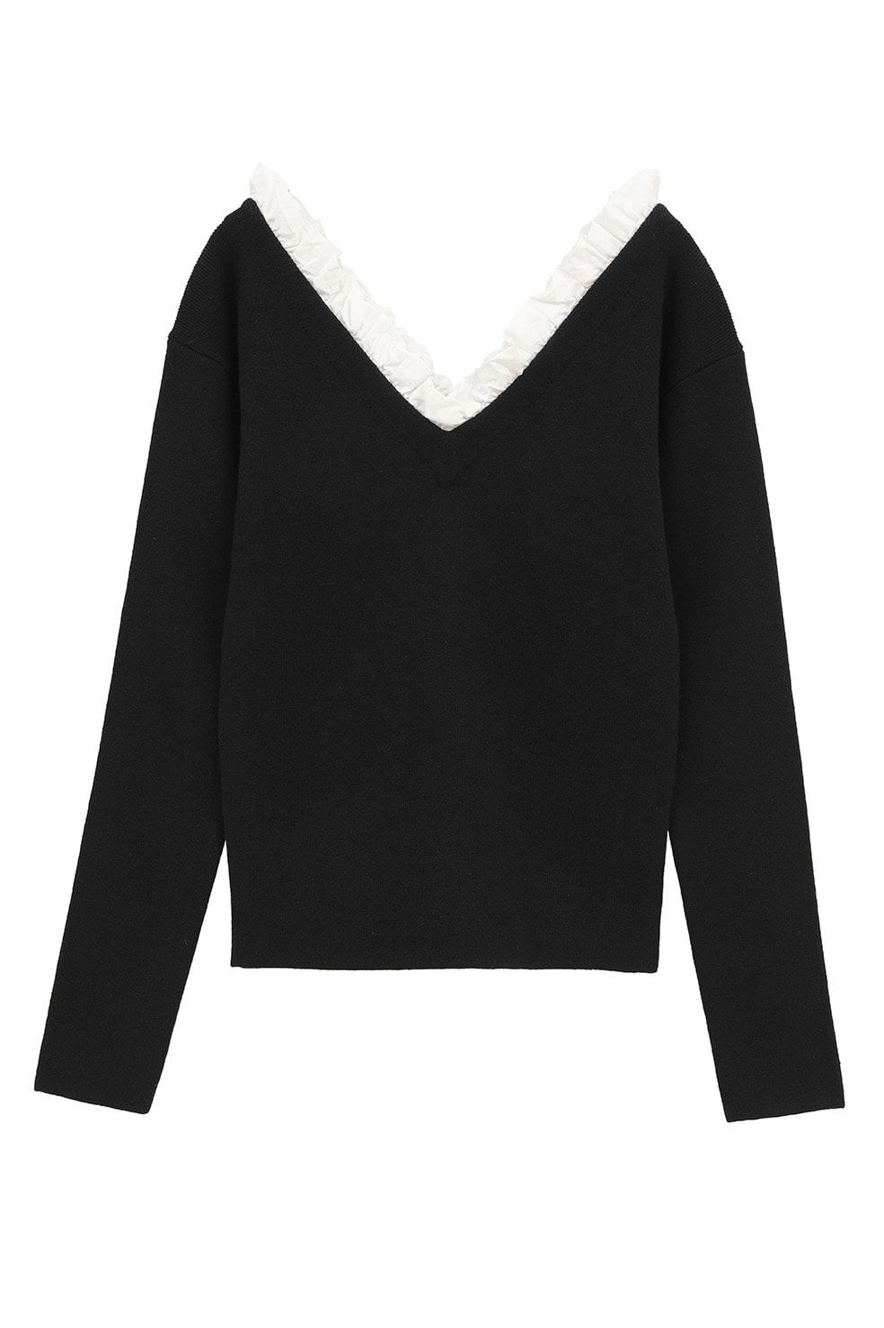 ツーウェイ フリルニットトップス - 2WAY FRILL V NECK KNIT TOPS (BLACK)