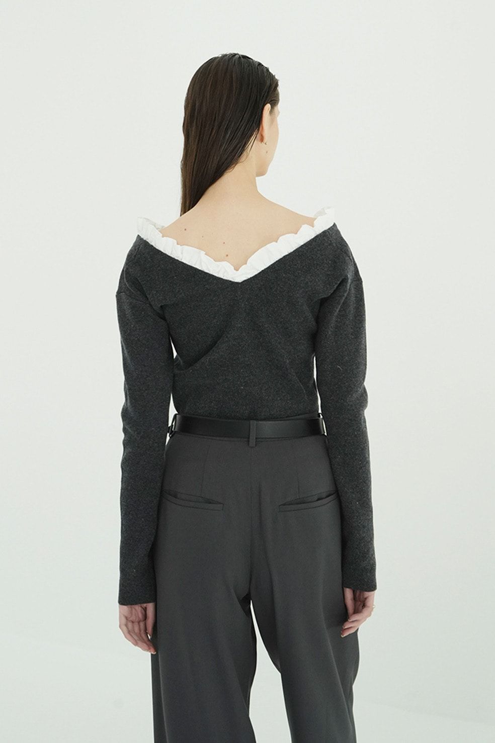 ツーウェイ フリルニットトップス - 2WAY FRILL V NECK KNIT TOPS (GREY)