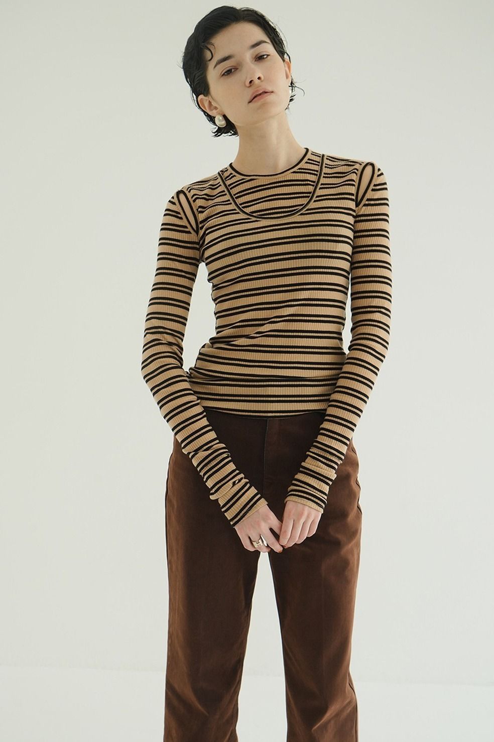 レイヤードカットトップス -  LAYERED SHOULDER CUT TOPS (BORDER)