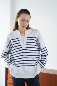 WIDE HENRY NECK BORDER TOPS - WHITE