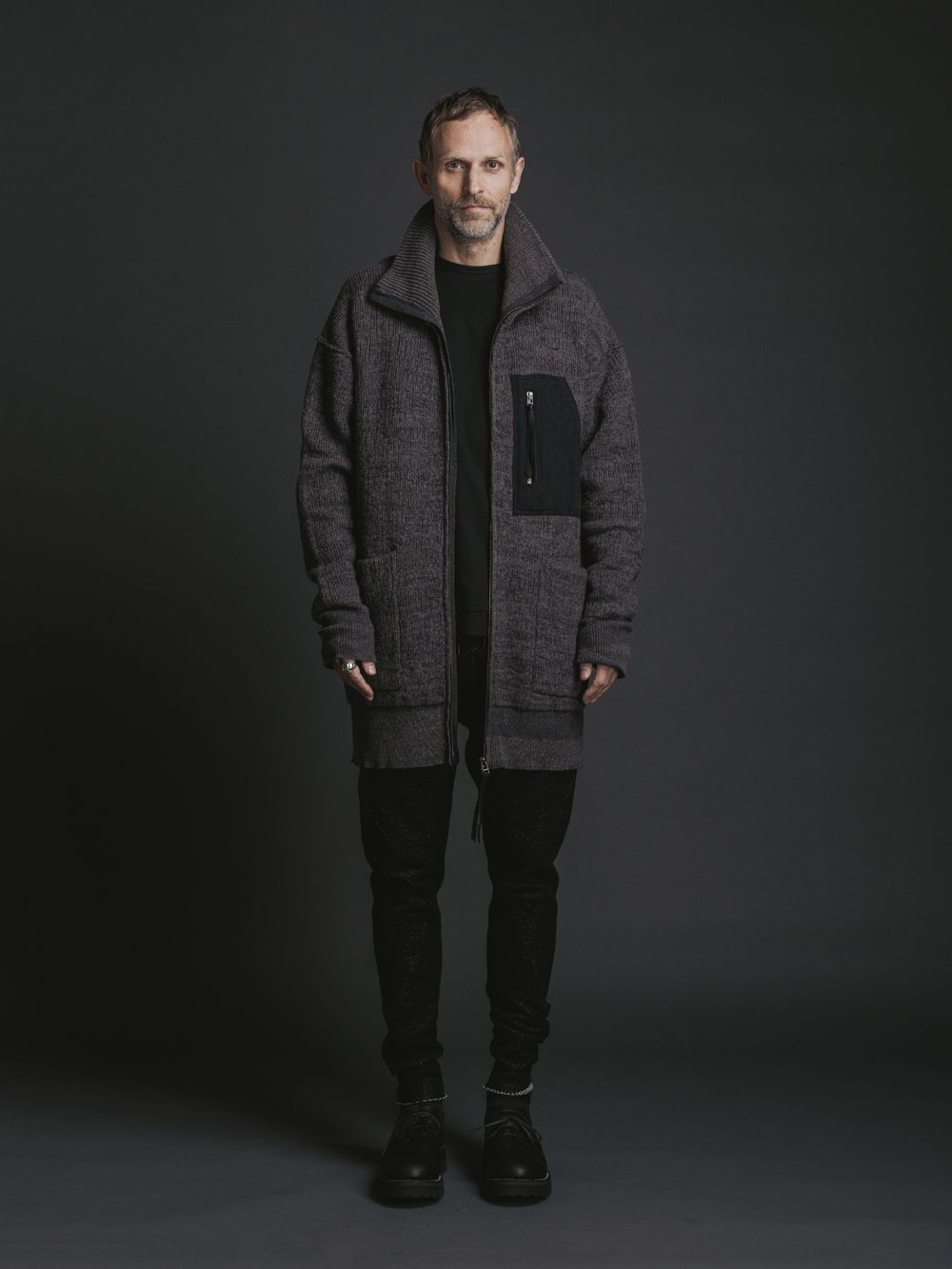 綿カシミヤ ニットブルゾン - high neck zip knit - GREY