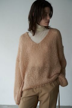 V NECK LOOSE MOHAIR KNIT TOPS - PINK