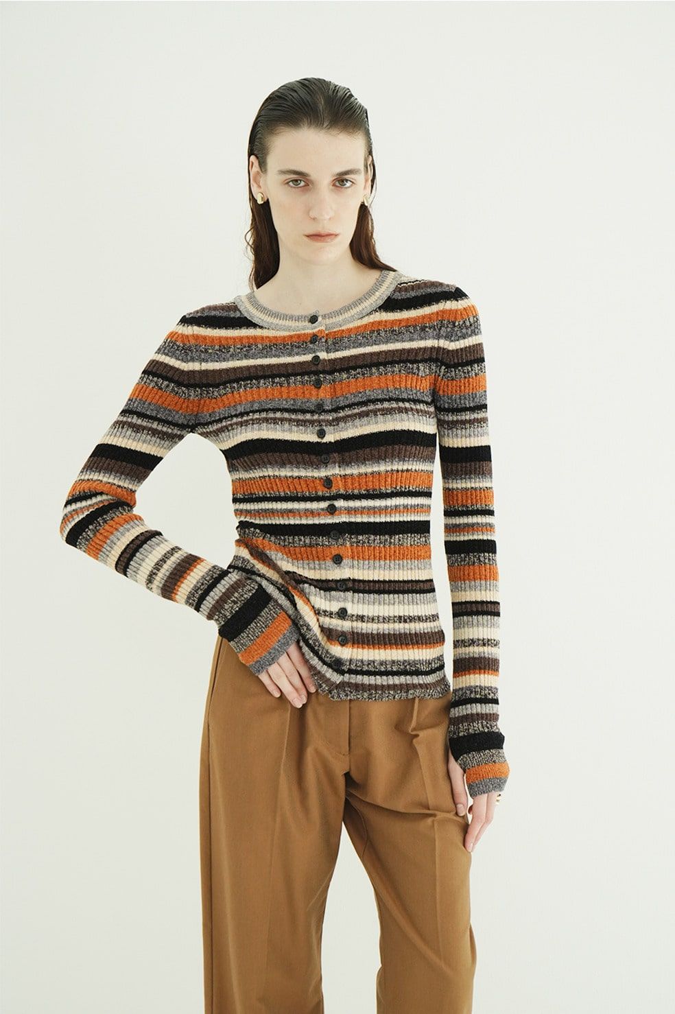 マルチボーダーニットカーディガン - MULTI BORDER BUTTON DETAIL KNIT CARDIGAN (ORANGE)