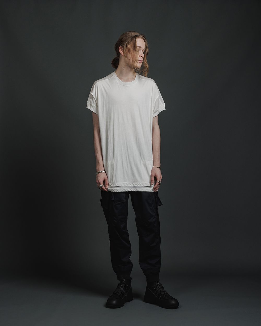 綿シルク 天竺 ショート スリーブ レイヤード ティーシャツ - double layerd short-sleeve t - OFF WHITE