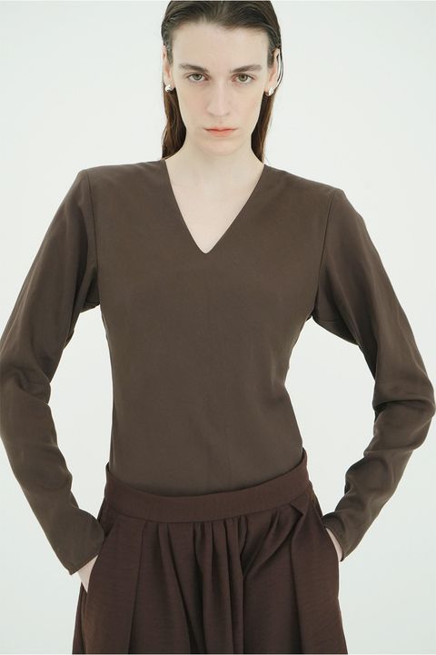ブイネックボディスーツ - V NECK POWER SHOULDER BODYSUIT(BROWN)
