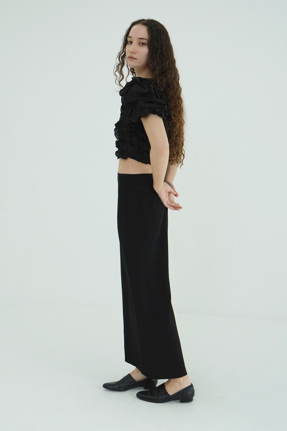 パフトップス - W FACE CLOUD PUFF SLEEVE TOPS (BLACK)