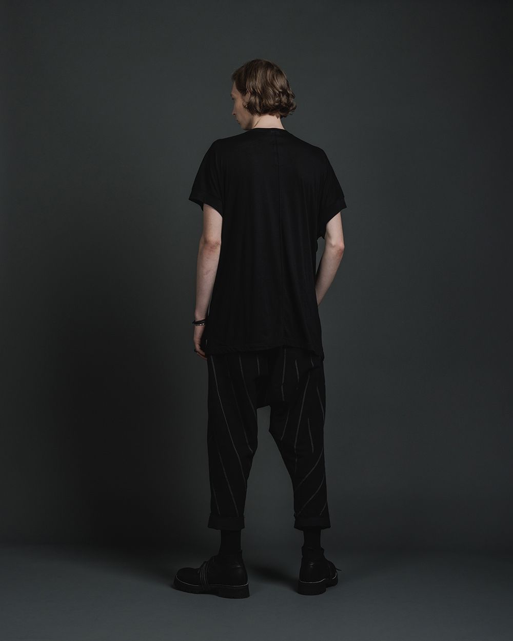 綿シルク 天竺 ショート スリーブ レイヤード ティーシャツ - double layerd short-sleeve t - BLACK